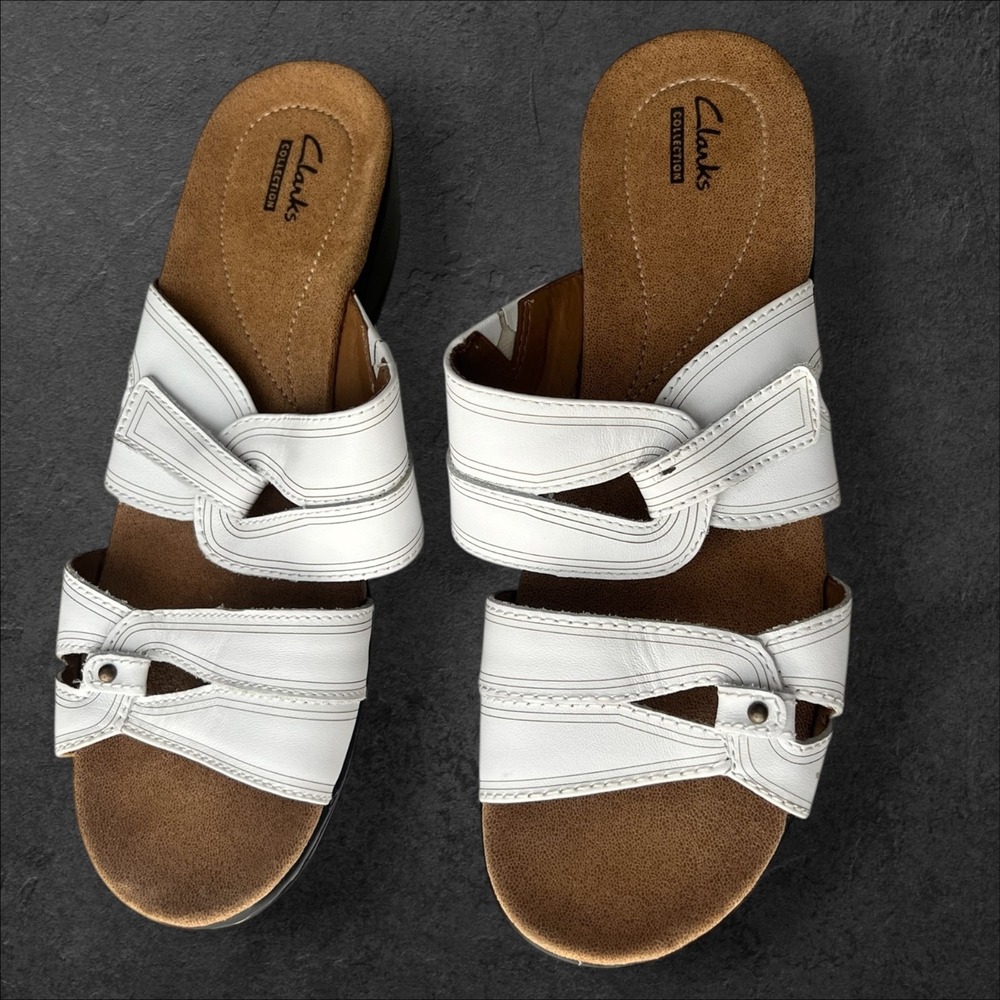 NWOB Clarks Hayla Canyon White Leather Sandals Women’s‎ 10 Slip On Comfort